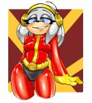  anthro blue_eyes blue_sclera blush bodysuit breasts clothed clothing echidna eyelashes fan_character female fur grey_body grey_fur headphones mammal mayghely monotreme nipple_outline red_background red_bodysuit sega simple_background skinsuit smile solo sonic_the_hedgehog_(series) tan_body tan_fur thick_thighs tight_clothing white_background wide_hips yellow_background zeta_the_echidna 
