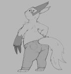  1girl :&lt; animal_ears animal_hands arm_at_side back bad_id bad_link bad_twitter_id barefoot blush body_fur breasts claws closed_mouth clothing_cutout constricted_pupils denim full_body furry furry_female grey_background greyscale hand_on_hip highres jeans large_breasts light_blush looking_at_viewer looking_back monochrome pants plump pocket pokemon pokemon_(creature) scruffythedeer simple_background sketch solo standing tail tail_through_clothes topless two-tone_fur zangoose 