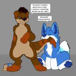  anthro blue_body blue_eyes brown_body canid canine duo fur hi_res mammal mane mustelid otter paws symrea 