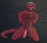  amiryth anthro bdsm bodily_fluids bondage bound collar cum cum_in_ass cum_inside cum_on_chest divinity:_original_sin_2 gag genital_fluids genitals hands_behind_back hi_res kneeling leaking_cum leash leash_and_collar lizard lizard_(divinity) male nude open_mouth orange_eyes penis red_body red_scales reptile ring_gag scales scalie solo the_red_prince yellow_sclera 