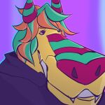  anthro bared_teeth big_nose cloak close-up clothing cynthia_(adtot) dragon female hair hi_res horn humanoid humor meme miaotwo multicolored_hair purple_background purple_eyes red_nose short_hair simple_background solo two_tone_hair yellow_body 