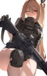  1girl assault_rifle bangs black_gloves black_shirt black_shorts breasts brown_hair bulletproof_vest closed_mouth commission dolphin_shorts gloves gun hair_between_eyes hair_ribbon highres knee_pads large_breasts long_hair looking_at_viewer micro_shorts nine_(kanine41) one_eye_closed original playboy red_eyes ribbon rifle shirt short_shorts short_sleeves shorts side_ponytail simple_background sitting smile solo thighs very_long_hair vest weapon white_background zipper 