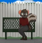  2023 anthro bench black_nose blue_sky bottomwear brown_hair clothing cloud day detailed_background digital_drawing_(artwork) digital_media_(artwork) eyebrows eyewear fence fur glasses grey_body grey_bottomwear grey_clothing grey_fur grey_pants hair hi_res male mammal mephitid on_bench outside pants red_clothing red_sweater red_topwear rolled_up_sleeves round_ears round_glasses shaded sidewalk sitting sitting_on_bench skunk sky sleepysheepy17 soft_shading solo sweater teeth topwear 