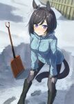  1girl absurdres animal_ears black_hair blue_shirt blush boots closed_mouth eishin_flash_(umamusume) fence hands_on_own_knees highres horse_ears horse_girl horse_tail knee_boots long_sleeves looking_at_viewer rubber_boots shirt short_hair shovel snow snow_shovel solo tail two-tone_gloves umamusume watashinabe winter_clothes wooden_fence 