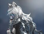  1girl animal_ear_fluff animal_ears arknights bangs bead_necklace beads black_jacket blue_eyes braid breasts chinese_commentary circlet clothes_writing commentary_request from_side gqi_(pixiv_11877511) grey_background grey_hair jacket jewelry large_breasts leopard_ears leopard_girl long_hair mask necklace pramanix_(arknights) profile sidelocks simple_background solo standing sweater turtleneck turtleneck_sweater twin_braids upper_body white_sweater 