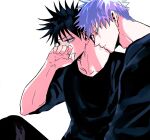  2boys bangs black_hair black_pants black_shirt closed_eyes commentary_request covering_mouth fushiguro_megumi gojou_satoru green_eyes highres jujutsu_kaisen kiss kissing_neck male_focus multiple_boys pants shenshan_laolin shirt short_hair simple_background sitting spiked_hair white_background white_hair yaoi 