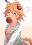  +_+ 1girl absurdres animal_ears apple brown_skirt cardigan casual clover_hair_ornament daruma_doll ear_covers flipped_hair food fruit gradient_background hair_ornament highres holding holding_food holding_fruit horse_ears horse_girl horse_tail kuzukiri_(riezenagel) long_sleeves looking_at_viewer matikanefukukitaru_(umamusume) mouth_hold official_alternate_costume open_cardigan open_clothes orange_hair pink_shirt shirt short_hair simple_background single_ear_cover skirt solo spoken_blush tail umamusume yellow_eyes 