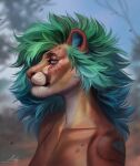  absurd_res anthro artist_name blue_hair blurred_background brown_body brown_fur brown_nose bust_portrait chin_tuft eyelashes facial_tuft felid female fur green_eyes grey_hair hair hi_res lion looking_at_viewer mammal marie_merkh mouth_closed multicolored_hair nude pantherine portrait side_view signature solo two_tone_hair 