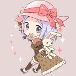  1girl :d animal_bag animal_print blush bow breasts brown_coat brown_gloves brown_skirt brown_thighhighs chibi coat commentary_request elbow_gloves fingerless_gloves flower flower_in_mouth full_body fur-trimmed_coat fur_trim gloves grey_eyes hat hat_bow leopard_print light_purple_hair looking_at_viewer looking_to_the_side medium_breasts miyan_(shamigame) open_mouth pink_bow pink_headwear rabbit_bag ragnarok_masters ragnarok_online red_flower red_rose rose round_teeth shadow_chaser_(ragnarok_online) short_hair skirt smile solo sparkle teeth thighhighs 