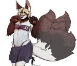  anthro big_tail blonde_hair bottomwear brown_body brown_fur canid canine clothing fluffy fluffy_tail fox fur glistening glistening_clothing gloves_(marking) gris_swimsuit hair hi_res huge_tail hushloafs looking_at_viewer male mammal markings meme meme_clothing multi_tail one-piece_swimsuit simple_background skirt solo swimwear tail translucent translucent_clothing translucent_swimwear transparent_fabric white_background white_body white_fur 
