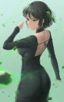  1girl absurdres ano_(gccx8784) ass backless_dress backless_outfit bangs black_dress black_hair breasts commentary dress fubuki_(one-punch_man) green_eyes highres large_breasts long_sleeves one-punch_man parted_lips psychic short_hair solo tight tight_dress 