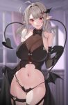  1girl black_gloves blurry collar demon_girl demon_tail demon_wings elbow_gloves gloves grey_hair heart_o-ring highres looking_at_viewer medium_hair navel open_mouth original pointy_ears raitho red_eyes see-through smile tail thigh_strap v-shaped_eyebrows wings 
