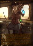  2023 4_arms absurd_res anthro bandage_on_face bethesda_softworks biped bottomwear breasts canid canine canis clothing coyote digital_media_(artwork) english_text fallout hi_res keadonger looking_at_viewer mammal multi_arm multi_limb nuka-cola_quantum pants shirt solo text topwear 