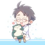  1boy :d black_hair blush_stickers carrying chibi facial_hair full_body glasses happy labcoat male_focus nsk0_ooo pokemon pokemon_(creature) professor_neroli round_eyewear short_hair smile snorlax solo stubble thick_eyebrows 