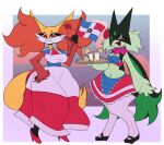  animal_humanoid anthro backtrekwatch beverage big_breasts bottomwear breasts canid canid_humanoid canine canine_humanoid clothing delphox dominican_flag dress duo felid feline female flower footwear fox fox_humanoid generation_6_pokemon generation_9_pokemon glass hi_res high_heels holidays humanoid jewelry looking_at_viewer mammal mammal_humanoid mask meowscarada navel necklace nintendo plant pokemon pokemon_(species) rose_(flower) skirt small_breasts 