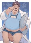  1boy :d ahoge arm_hair bara black_hair blue_male_underwear boxer_briefs bulge chest_hair clothing_aside covered_navel erection f_con facial_hair fat fat_man feet_out_of_frame foreskin glasses hairy hand_up highres holding holding_pillow huge_penis labcoat large_pectorals laughing male_focus male_underwear male_underwear_aside midriff_peek navel navel_hair no_pants pectoral_cleavage pectorals penis pillow pokemon professor_neroli round_eyewear shirt short_hair sideburns smile solo standing stubble thick_eyebrows thick_thighs thighs tight tight_shirt underwear veins veiny_penis 
