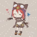  1girl alternate_color animal_ear_headwear bangs blue_bow blush boots bow brown_background brown_footwear brown_gloves brown_headwear brown_shorts brown_tube_top cat_tail chibi closed_eyes closed_mouth commentary_request fingerless_gloves flat_chest full_body gloves goggles goggles_on_headwear heart lowres medium_hair midriff miyan_(shamigame) navel o3o ragnarok_masters ragnarok_online ranger_(ragnarok_online) red_hair scarf shorts solo star_(symbol) tail tail_bow tail_ornament 