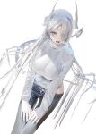  1girl absurdres black_pants breasts cowboy_shot fang grey_eyes hair_over_one_eye hands_on_own_thighs highres horns jima large_breasts long_hair long_sleeves open_mouth original pants side_cutout simple_background skeletal_tail skeletal_wings slit_pupils solo white_background white_hair white_horns wings 