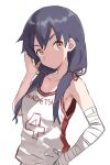  1girl absurdres bandaged_arm bandaged_hand bandages bangs bare_shoulders black_hair brown_eyes closed_mouth collarbone commentary_request gazacy_(dai) hair_over_shoulder highres kanbaru_suruga long_hair looking_at_viewer low_twintails monogatari_(series) simple_background solo tank_top thick_eyebrows twintails upper_body v-shaped_eyebrows white_background white_tank_top 