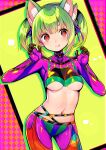  1girl absurdres animal_ears blush bodysuit breasts cat_ears dohna_dohna_issho_ni_warui_koto_o_shiyou extra_ears green_hair highres kirakira_(dohna_dohna) kuka looking_at_viewer medium_hair midriff multicolored_bodysuit multicolored_clothes multicolored_hair navel orange_eyes partial_bodysuit pink_hair skindentation small_breasts smile solo twintails two-tone_hair underboob 