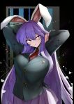  1girl animal_ears arms_behind_head bangs black_jacket breasts buttons collared_shirt commentary crescent crescent_pin highres jacket large_breasts long_hair long_sleeves looking_to_the_side mizuga necktie open_mouth pink_skirt purple_hair rabbit_ears rabbit_girl red_eyes red_necktie reisen_udongein_inaba shirt skirt solo symbol-only_commentary touhou upper_body white_shirt 