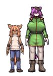  anthro big_breasts blush bottomwear breasts clothed clothing denim denim_clothing duo felid female hi_res jeans komenuka_inaho looking_at_viewer male mammal military military_uniform mouth_closed pantherine pants shirt size_difference tiger topwear uniform zeno_(komenuka_inaho) 