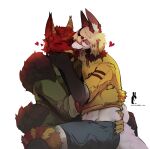  &lt;3 anthro blonde_hair bottomwear brown_body brown_fur canid canine clothing cuddling duo embrace fox fur gloves_(marking) hair happy hi_res hug hushloafs kissing licking male male/male mammal markings shirt shorts simple_background species_request striped_markings striped_tail stripes tail tail_markings tongue tongue_out topwear white_background white_body white_fur yellow_clothing yellow_shirt yellow_topwear 