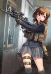  1girl bangs black_jacket broken_window brown_gloves brown_hair closed_mouth ear_protection gloves grey_skirt gun headset holding holding_gun holding_weapon indoors jacket knee_pads kws long_sleeves looking_away looking_to_the_side original pleated_skirt purple_eyes skirt solo standing weapon weapon_request 