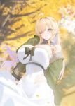  +_+ 1girl ahoge black_choker blonde_hair blurry blurry_background blush breasts choker covered_navel dress floating_hair green_jacket hair_intakes half_updo highres huge_breasts jacket jacket_partially_removed leather_choker looking_at_viewer original outdoors smile solo strap_dress white_dress xiujia_yihuizi 