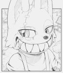  ambiguous_gender black_and_white building canid canine cheek_tuft clothed clothing day detailed_background duo evil_grin facial_tuft forest gleipnir house in_mouth inner_ear_fluff looking_at_another macro mammal monochrome oral_vore outside pawpads plant s2-freak shuichi_kagaya smile tree tuft vore watermark 