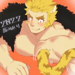  1boy animal_ears another_eidos-r bara blonde_hair dated facial_hair forked_eyebrows fur_trim large_pectorals long_sideburns lying male_focus mature_male motion_lines muscular muscular_male on_stomach pectoral_press pectorals pugi_(another_eidos) short_hair sideburns smile solo stubble tail thick_eyebrows tiger_boy tiger_ears tiger_tail translation_request waku_(ayamix) 