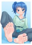  1girl asymmetrical_hair bangs barefoot blue_background blue_eyes blue_pants blunt_bangs blush border breasts closed_mouth collarbone commentary_request eyelashes feet foot_focus foreshortening gradient_background greek_toe green_shirt highres hinosaki hirogaru_sky!_precure knee_up long_hair paid_reward_available pants precure shadow shirt side_ponytail sitting smell soles solo sora_harewataru steaming_body sweatdrop toes white_border 