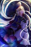  1girl ahoge artoria_caster_(fate) artoria_caster_(second_ascension)_(fate) artoria_pendragon_(fate) bangs black_gloves black_jacket black_pantyhose blonde_hair blue_cape blue_headwear bow buttons cape chromatic_aberration commentary_request dark_background double-breasted dress fate/grand_order fate_(series) feathers from_below from_side gloves green_eyes hat highres jacket light_smile long_hair long_sleeves pantyhose ribbon ringozuki solo tonelico_(fate) very_long_hair white_jacket 