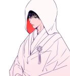  1boy bangs black_hair crossdressing fushiguro_megumi green_eyes hair_between_eyes highres hood hood_up hooded_robe japanese_clothes jujutsu_kaisen kimono long_sleeves looking_away male_focus red_lips robe shenshan_laolin short_hair simple_background solo spiked_hair uchikake white_background white_kimono 