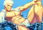  1boy abs afloat bara bare_pectorals blue_eyes bulge ear_piercing feet_out_of_frame green_eyes heterochromia knee_up large_pectorals long_sideburns looking_at_viewer male_focus male_swimwear milestone_celebration muscular muscular_male navel nipples original pectorals piercing scar scar_on_cheek scar_on_face seductive_smile short_hair sideburns smile solo stomach swim_briefs thick_eyebrows thick_thighs thighs waku_(ayamix) wet_male_swimwear white_hair white_male_swimwear 