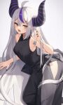 1girl ahoge black_dress black_nails demon_horns dress highres hololive horns la+_darknesss long_hair looking_at_viewer lying multicolored_hair on_side open_mouth pointy_ears purple_hair sleeveless thomas_8000 virtual_youtuber white_background white_hair yellow_eyes 