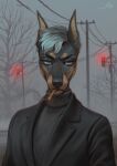  absurd_res anthro artist_name black_clothing black_jacket black_topwear blue_eyes brown_body brown_fur bust_portrait canid canine canis cigarette cigarette_in_mouth clothed clothing dark_body dark_fur dobermann domestic_dog eyelashes front_view fur grey_body grey_clothing grey_fur grey_hair grey_topwear hair hi_res jacket looking_aside male mammal marie_merkh narrowed_eyes object_in_mouth outside pinscher plant portrait pupils red_pupils short_hair signature smoke smoking solo topwear tree 