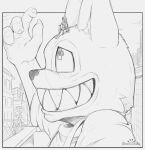  4_fingers ambiguous_gender black_and_white building canid canine city city_background claws clothed clothing cloud day detailed_background duo female fence fingers grin humanoid inner_ear_fluff macro male mammal monochrome outside s2-freak shuichi_kagaya size_difference sky smaller_female smile tuft watermark 