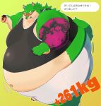  5_fingers anthro belly belly_expansion big_moobs black_clothing black_shirt black_tank_top black_topwear blush bottomwear canid canine canis clothing cream_belly dialogue ear_piercing expansion exposed_belly fingers fur green_body green_fur hi_res hisui_tousenta holding_doughnut huge_belly japanese_text kemono male mammal marcoisky midriff moobs motion_lines navel piercing shirt shorts simple_background sleeve solo speech_bubble standing tank_top text topwear translation_request weight_gain weight_gain_drive white_bottomwear white_clothing white_shorts wolf yellow_background 