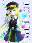  1girl alina_gray black_bow black_headwear black_vest blonde_hair bow chain character_name collar cube detached_collar fur_cuffs green_eyes green_hair hat looking_at_viewer magia_record:_mahou_shoujo_madoka_magica_gaiden magical_girl mahou_shoujo_madoka_magica multicolored_clothes multicolored_skirt peaked_cap pleated_skirt puffy_short_sleeves puffy_sleeves rei_(schwarz400r) see-through see-through_sleeves short_sleeves skirt solo standing striped striped_skirt v-neck vertical-striped_skirt vertical_stripes vest waist_bow white_collar white_sleeves 