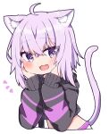  1girl :d ahoge animal_ear_fluff animal_ears bangs black_hoodie blush cat_ears cat_girl cat_tail chibi cropped_hoodie crossed_bangs fang hair_between_eyes hands_on_own_cheeks hands_on_own_face hololive hood hoodie looking_at_viewer nekomata_okayu notice_lines open_mouth purple_eyes purple_hair rabiiandrain short_hair simple_background smile solo tail virtual_youtuber white_background 