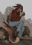  absurd_res anthro beverage blue_bottomwear blue_clothing blue_eyes blue_pants bottomwear brown_body brown_fur brown_hair brown_horn clothed clothing drinking ears_back female full-length_portrait fur grass hair hi_res holding_beverage holding_object hoodie horn log marie_merkh mouth_closed narrowed_eyes outside pants pivoted_ears plant portrait red_clothing red_hoodie red_topwear sitting solo topwear wood 