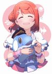  1girl bangs blush collarbone commentary earrings fish hair_bun hat holding holding_stuffed_toy jellyfish jewelry love_live! love_live!_nijigasaki_high_school_idol_club medium_hair orange_hair repunit single_side_bun single_sidelock smile solo starfish_hair_ornament stuffed_animal stuffed_dolphin stuffed_toy symbol-only_commentary uehara_ayumu upper_body 