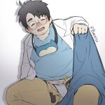  1boy bakatsu_(bakatsu3053) bara bed_invitation belt black_hair blanket blush bulge facial_hair feet_out_of_frame glasses highres holding holding_blanket labcoat leg_hair looking_at_viewer male_focus male_underwear male_underwear_peek merchandise navel_hair open_belt open_pants pants plump pokemon professor_neroli round_eyewear short_hair sideburns sitting snorlax solo spread_legs stubble thick_eyebrows underwear white_male_underwear 