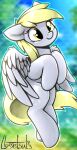  2023 blonde_hair cutie_mark derpy_hooves_(mlp) digital_media_(artwork) equid equine eyelashes feathered_wings feathers female feral friendship_is_magic grey_body grey_feathers hair hasbro llametsul long_tail mammal my_little_pony pegasus signature smile solo tail wings yellow_eyes yellow_tail 