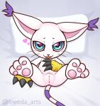  &lt;3 &lt;3_eyes 3_toes bandai_namco bed bedroom_eyes blue_eyes blush body_blush claws clothing digimon digimon_(species) ear_tuft feet felid female fur furniture gatomon genitals gloves hand_on_stomach handwear hi_res ineedanaccount looking_at_viewer lying mammal narrowed_eyes on_back on_bed open_mouth pawpads presenting presenting_pussy pussy pussy_blush seductive solo solo_focus tail toes tuft whiskers white_body white_fur 
