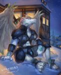  2022 abs anthro armor big_wings biped blue_eyes clothed clothing detailed_background digital_media_(artwork) digital_painting_(artwork) dragon fully_clothed fur furred_dragon furred_wings head_horn hi_res horn male membrane_(anatomy) membranous_wings muscular muscular_anthro muscular_male nasuno_posi night sitting sky snow solo star starry_sky white_body white_fur wings 