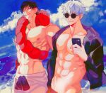  2boys abs bangs black_hair blue_eyes blue_sky cellphone cloud fushiguro_touji gojou_satoru green_eyes highres holding holding_phone jujutsu_kaisen looking_at_viewer male_focus male_swimwear monster multiple_boys muscular muscular_male navel nipples outdoors parted_lips pectorals phone scar scar_on_face scar_on_mouth shenshan_laolin short_hair sky smartphone smile smirk summer sunglasses topless_male water white_hair 
