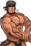  1boy :p abs alec_(ruslorc) arm_hair bara beard belt_collar biceps black_male_underwear bulge chest_hair clothes_writing collar cowboy_hat dark-skinned_male dark_skin dog_boy dog_tail facial_hair flexing grey_hair hairy hat headband highres jockstrap large_pectorals looking_to_the_side male_focus male_underwear mature_male muscular muscular_male navel navel_hair nipples original pectorals ruslorc short_hair sideburns solo stomach tail thick_eyebrows tongue tongue_out topless_male triceps underwear underwear_only unfinished 