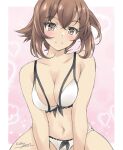 1girl bikini breasts brown_hair cleavage front-tie_bikini_top front-tie_top gakky green_eyes kantai_collection large_breasts mutsu_(kancolle) one-hour_drawing_challenge short_hair sitting solo swimsuit white_bikini 